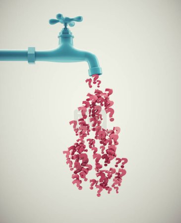 Photo for Faucet flowing with question marks. Doubts and confusion concept. This is a 3d render illustration. - Royalty Free Image