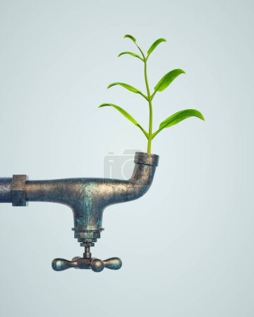 Foto de Plant comes out a faucet. Organic growth and hope concept. This is a 3d render illustration. - Imagen libre de derechos