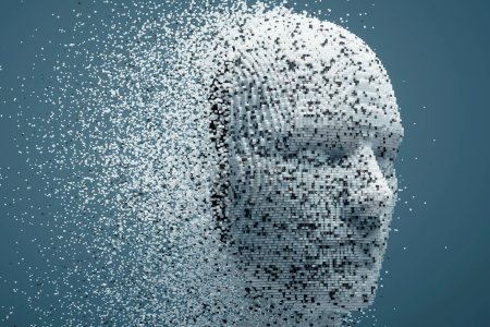 Téléchargez les photos : 3D dissolving human head made with cube particles. Deep learning, Artificial intelligence. This is a 3d render illustration - en image libre de droit