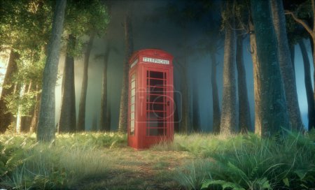 Photo for Telephone booth in the forest. Dreaming and opportunity concept. This is a 3d render illustration. - Royalty Free Image