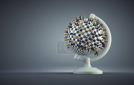 Photo for The world globe with chess pieces. Geopolitics and economic crisis.  This is a 3d render illustration - Royalty Free Image
