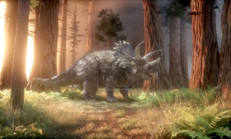 Foto de Dinosaurio Triceratops en el bosque. Esta es una ilustración de renderizado 3d - Imagen libre de derechos