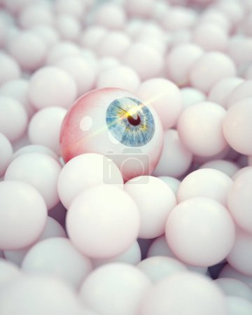 Photo for Close-up of artificial eyeball and white spheres. Outstanding and vision concept. This is a 3d render illustration - Royalty Free Image