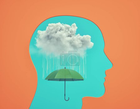 Foto de A umbrella under a rainy cloud on blue background.  This is a 3d render illustration. - Imagen libre de derechos