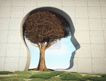Téléchargez les photos : Tête humaine abstraite avec un arbre sec comme cerveau. L'image pourrait être utilisée pour évoquer un sentiment de surréalisme, explorant les thèmes de la mort et de l'au-delà. Ceci est une illustration de rendu 3d. - en image libre de droit