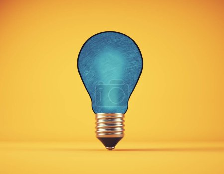 Foto de Conceptual blue bulb on yellow background. Originality, insight, and transformation. This is a 3d render illustration. - Imagen libre de derechos