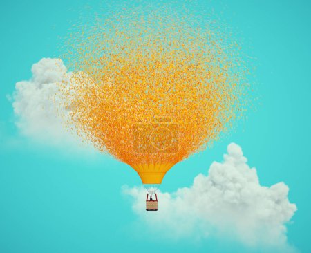Téléchargez les photos : Hot-air balloon starting to disslove into pieces.The sense of fragility and instability.  This is a 3d render illustration. - en image libre de droit