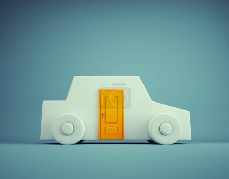Foto de Imagen con un coche estilizado y una puerta de la casa. Esta es una ilustración de renderizado 3d - Imagen libre de derechos