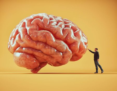 Foto de Un hombre tocando un enorme cerebro humano. Capacidad mental, procesamiento cognitivo e interacción humana. Esta es la ilustración de renderizado 3d - Imagen libre de derechos