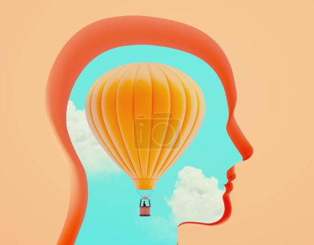 Foto de Abstract head on hot air balloon. Self development and growth mindset concept. Creativity, and imaginative play, as well as surreal. Freedom, adventure, and exploration. This is 3d render illustration - Imagen libre de derechos