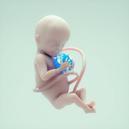Téléchargez les photos : Fœtus tenant un globe terrestre. Ceci est illustration de rendu 3d - en image libre de droit