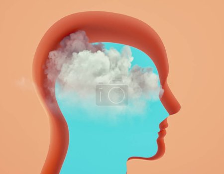 Foto de Silhouette of a head with a cloud. Thought in the head of man. This is a 3d render illustration - Imagen libre de derechos