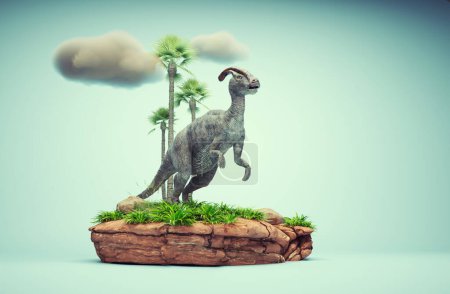 Foto de Escena conceptual de presentación de un Parasaurolofo. Dinosaurio ornitópodo del cretácico tardío. Esta es una ilustración de renderizado 3d - Imagen libre de derechos