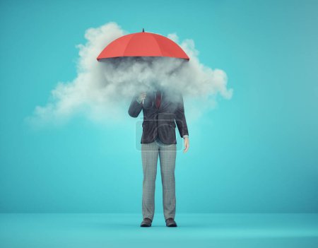Foto de Man holding an umbrella with a cloud inside. Useless and fail concept. Anxiety and mental illness. This is a 3d render illustration - Imagen libre de derechos