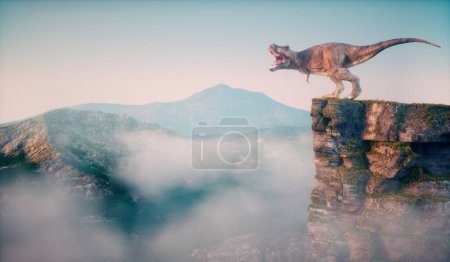 Téléchargez les photos : T rex au sommet d'un rocher de montagne. Ceci est une illustration de rendu 3d
. - en image libre de droit