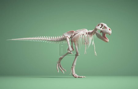 Téléchargez les photos : T rex skeleton isolated on green background. This is a 3d render illustration - en image libre de droit