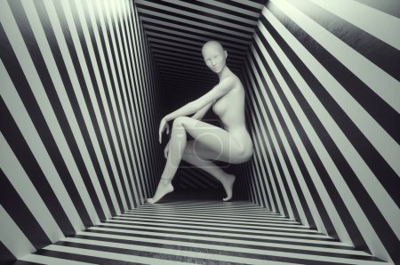 Abstract woman inside a tight corridor. Anxiety and overthinking concept. This is a 3d render illustration.