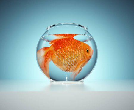 Foto de Un pez dorado en un tazón pequeño. El concepto de cautiverio. Esta es una ilustración de renderizado 3d - Imagen libre de derechos