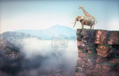 Foto de Elefante y jirafa sentados en el borde de un acantilado y admirando el paisaje montañoso. Concepto de viaje. Esta es una ilustración de renderizado 3d - Imagen libre de derechos