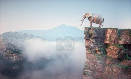 Téléchargez les photos : Éléphant assis sur le bord d'une falaise et admirant le paysage. Ceci est une illustration de rendu 3d - en image libre de droit