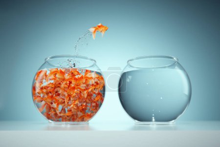 Photo for I'm not like others - be different concept - goldfish jumping in a bigger fish bowl. This is a 3d render illustration - Royalty Free Image