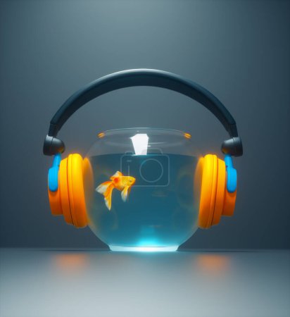 Foto de Auriculares y un tazón de pescado. Esta es una ilustración de renderizado 3d - Imagen libre de derechos