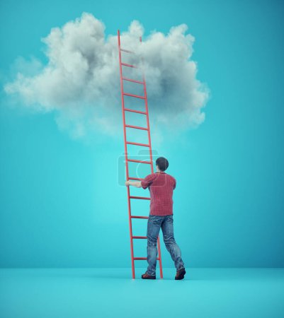 Photo for Man in front of a ladder to heaven. The concept of success. This is a 3d render illustration - Royalty Free Image