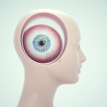 Foto de Ojo humano en la cabeza. Concepto de visión. Esta es una ilustración de renderizado 3d - Imagen libre de derechos