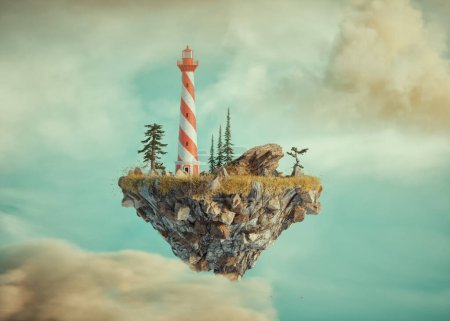 Photo for Floating island with a lighthouse. This is a 3d render illustration - Royalty Free Image