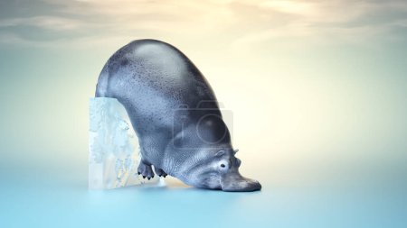 Foto de Hipopótamo caído sobre un cubo de hielo. Concepto de estilo de vida y hábitat. Esta es una ilustración de renderizado 3d - Imagen libre de derechos