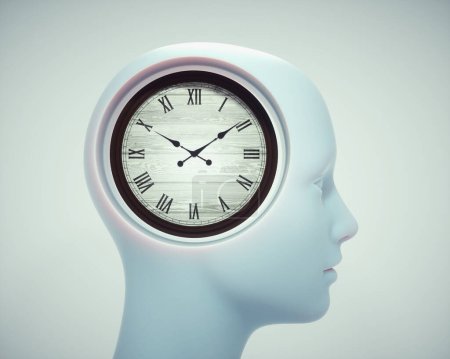 Menschenkopf mit Uhr. Konzept des zirkadianen Rhythmus oder Zeitmanagements. Dies ist eine 3D-Darstellung