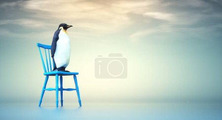 Pingüino en la silla de madera. Concepto de búsqueda y reclutamiento. Esta es una ilustración de renderizado 3d