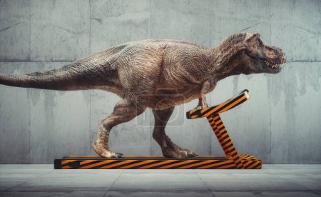 Tyrannosaurus Rex running on a treadmill. Fitness and workout concept . This is a 3d render illustration