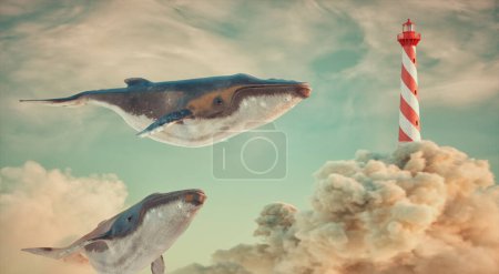 Whales flying in the sky around a lighthouse. Imagination and dream big concept. This is a 3d render illustratio