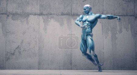 Foto de Sistema muscular masculino posando sobre el fondo. Concepto de fitness y estilo de vida saludable. Esta es una ilustración de renderizado 3d - Imagen libre de derechos