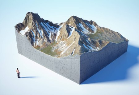 Photo for Man looking at an isometric mountain. Wanderlust and adventure concept. This is a 3d render illustration - Royalty Free Image