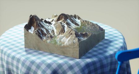 Photo for Isometric mountain on table . Wanderlust and adventure concept. This is a 3d render illustration - Royalty Free Image