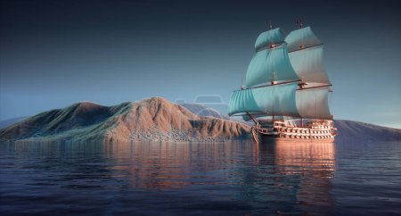 Photo for Old ship sailing at mountains. This is a 3d render illustration - Royalty Free Image