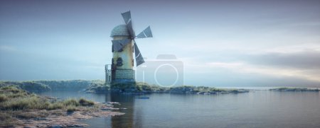 Photo for Old windmill on the shore of a pond or lake. This is a 3d render illustration - Royalty Free Image