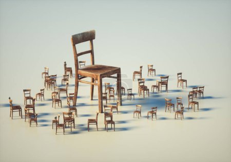 Foto de Silla de madera en un montón de sillas pequeñas. El concepto de líder y equipo. Esta es una ilustración de renderizado 3d - Imagen libre de derechos