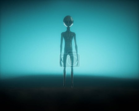 Alien on dark foggy background. Unknown and ufo concept. This is a 3d render illustration.