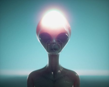Téléchargez les photos : Tête extraterrestre éclatante. Concept inconnu et ufo. Ceci est une illustration de rendu 3d. - en image libre de droit