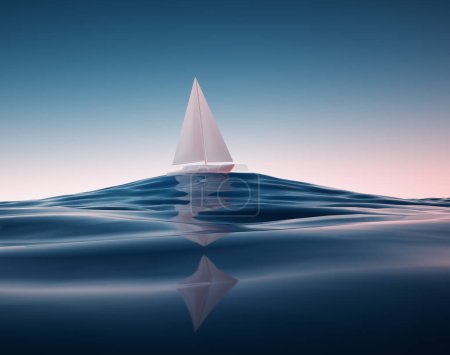 Foto de Origami velero flotando en el mar azul.Viaje y concepto de viaje. Esta es una ilustración de renderizado 3d. - Imagen libre de derechos