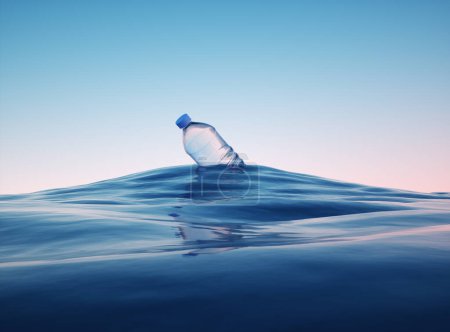 Foto de Botella sobre el mar. Concepto de hidratación y frescura. Esta es una ilustración de renderizado 3d - Imagen libre de derechos
