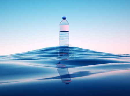 Foto de Botella sobre el mar. Concepto de hidratación y frescura. Esta es una ilustración de renderizado 3d - Imagen libre de derechos