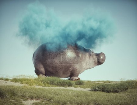 Foto de Hipopótamo con una nube azul sobre él. Aspiración creativa y concepto de sueños. Esta es una ilustración de renderizado 3d - Imagen libre de derechos