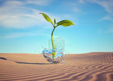 Téléchargez les photos : Petite plante dans le désert. Puissance de l'eau. Démarrage et concept de confiance. Ceci est une illustration de rendu 3d - en image libre de droit