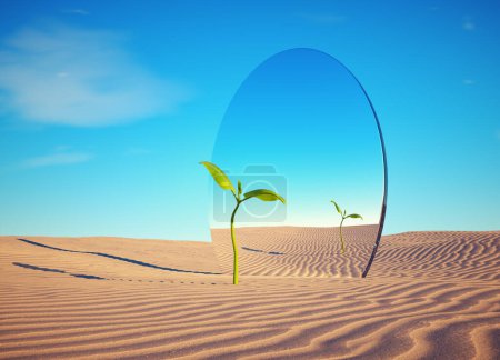 Téléchargez les photos : Petite plante dans le désert devant un miroir. Concept de démarrage et de confiance.Ceci est une illustration de rendu 3D - en image libre de droit