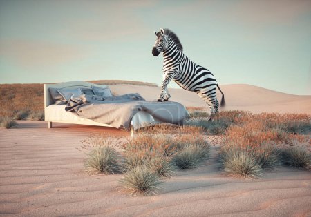 Téléchargez les photos : Zèbre sur un lit dans le désert. Aspirations et concept onirique. Ceci est une illustration de rendu 3d - en image libre de droit