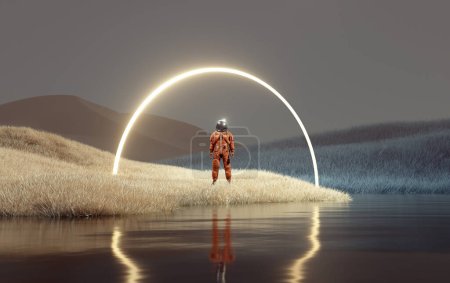 Photo for Astronaut standing under a sci fi structure on surreal land. Futuristic concept. This is a 3d render illustration. - Royalty Free Image